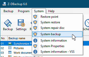 System Backup Menu