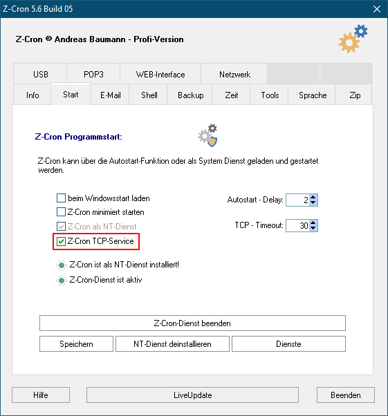 Z-Cron TCP Service Einstellungen